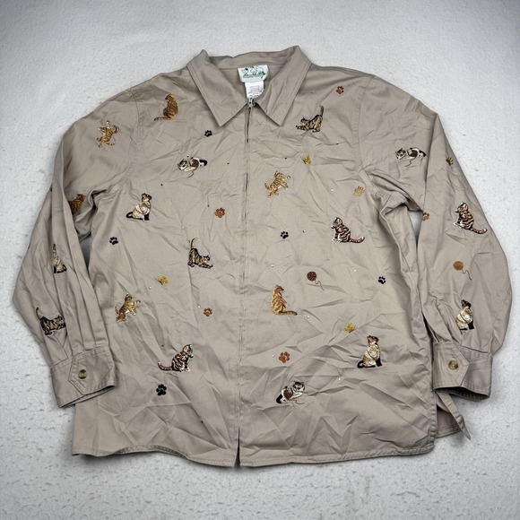 Quacker Factory Jackets & Blazers - Quacker Factory Jacket Womens Large Beige Cat Embroidered Rhinestone Twill Zip